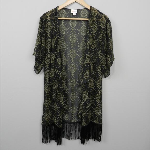 LuLaRoe Monroe Kimono Sheer Fringe Swim Cover Up Size S Black Beige Batik - Picture 11 of 12